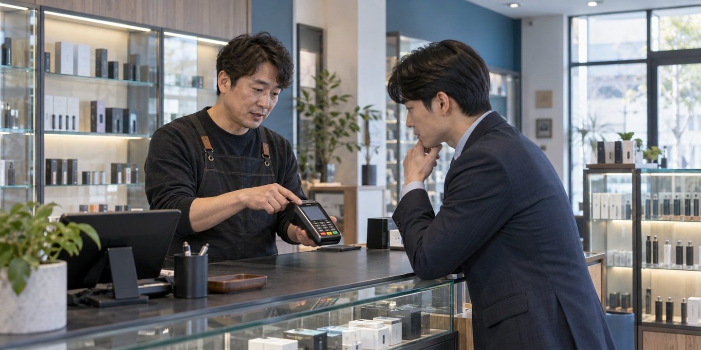 매장 카운터에서 단말기 이용을 설명하는 두 사람 — PG 방문 서비스 카드결제 출장 일이라 돌아온 신청서, 현장 이야기를 붙여 다시 넣어요.