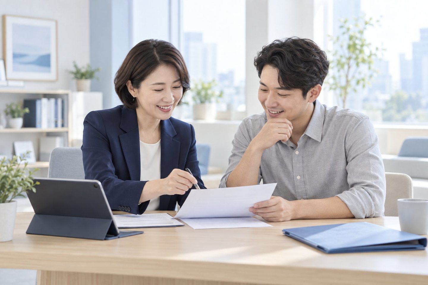 상담 자리에서 서류를 함께 검토하는 두 사람 — PG 방문 서비스 카드결제 정산정산, 오늘 받은 출장비를 오늘 쓸 수 있어요. 연락 주시면 입금일을 같이 골라요.
