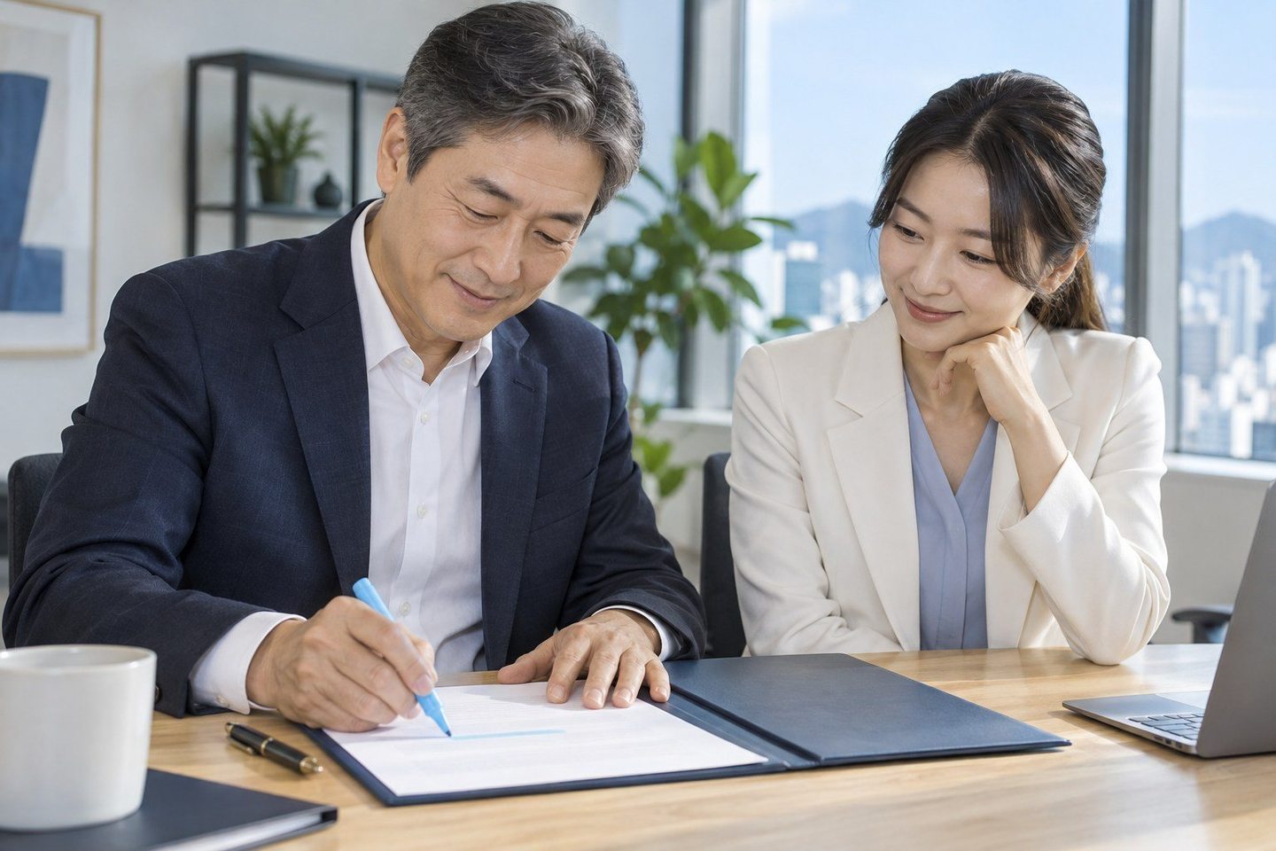 서류에 표시된 내용을 함께 읽는 두 사람 — PG 방문 서비스 카드결제 상담상담, 하시는 일 한 줄로 시작해요. 연락 주시면 다시 여는 길을 같이 찾아요.