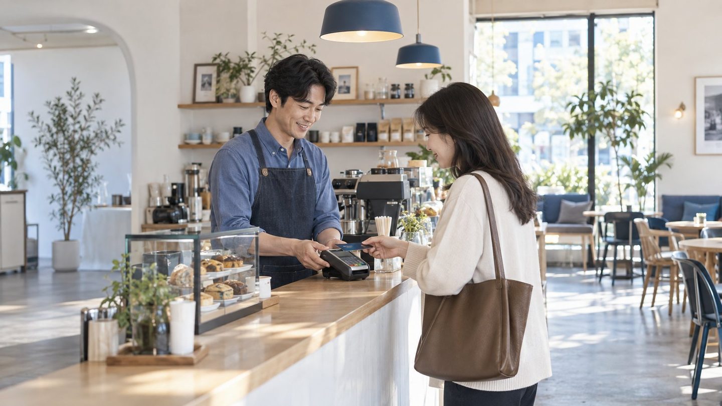 매장 직원과 고객이 결제 내용을 확인하는 장면 — PG 방문 서비스 카드결제 무선 단말기무선 단말기, 현관 앞에서 계산을 마쳐요. 연락 주시면 쓰는 법도 같이 봐요.